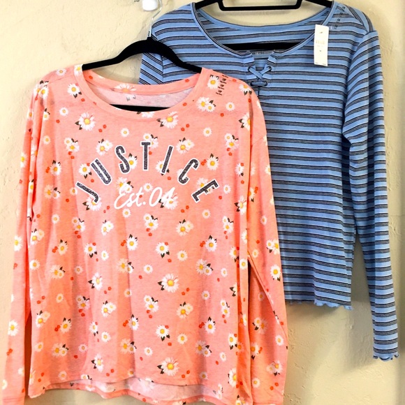 Justice Long Sleeve T-Shirt Bundle Size 18 Floral Stripped Blue Orange NEW - Picture 1 of 12